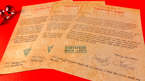 Three vintage-style Santa Claus letter cards with handwritten text and stamps, arranged on a bright red background with a small red ornament at the edge.