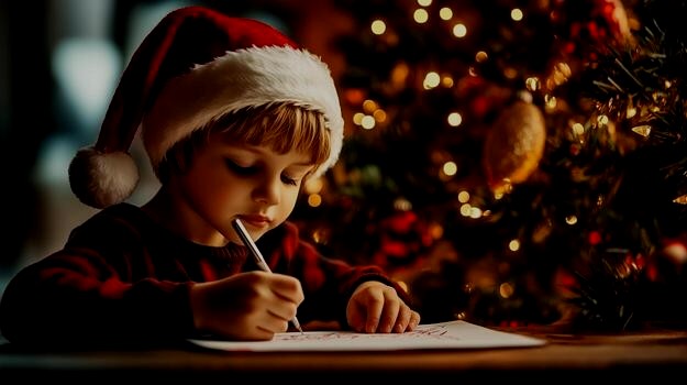 A young child wearing a red Santa hat and dark red sweater writes a letter to Santa, with a softly blurred Christmas tree and warm lights in the background.