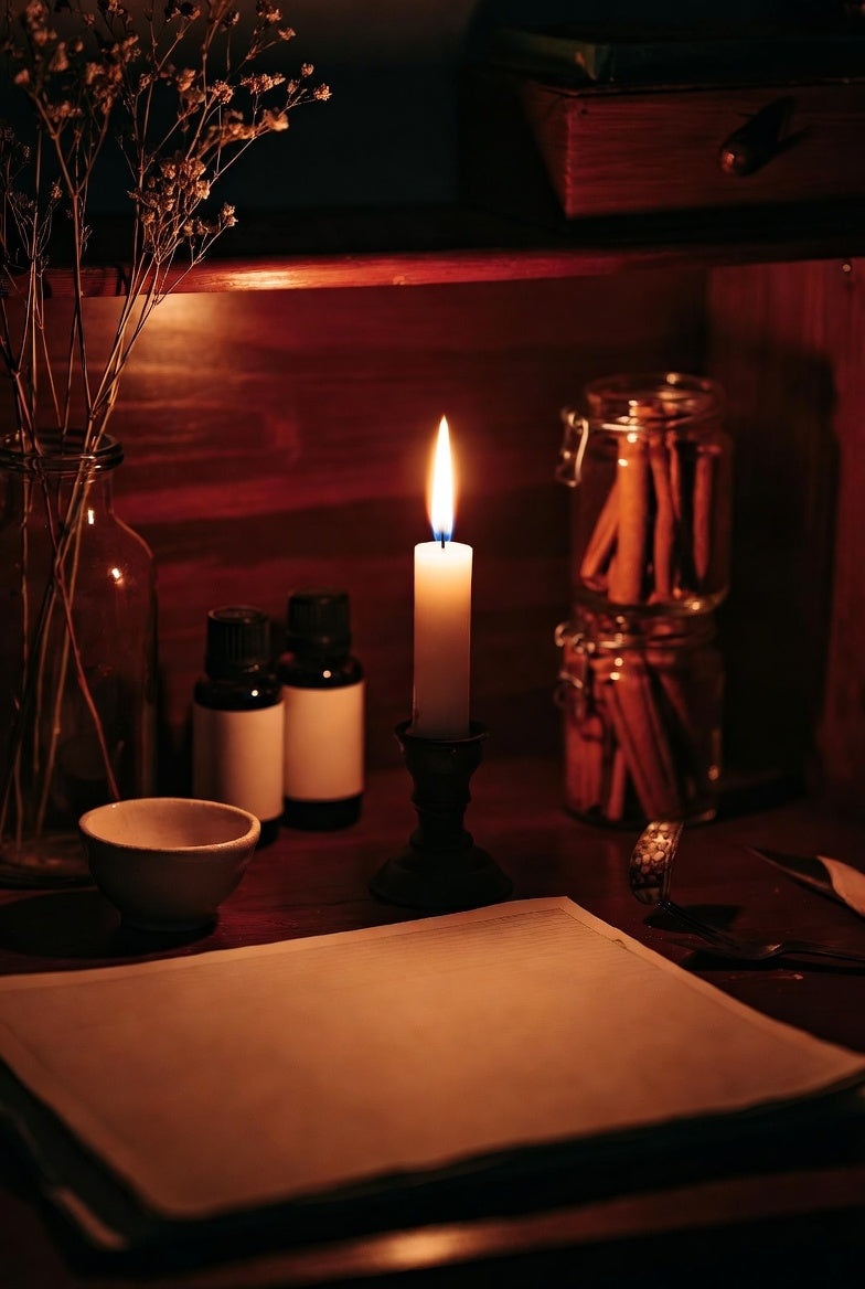 Candlelit scene with a notebook, bottles, and matches on a wooden surface.