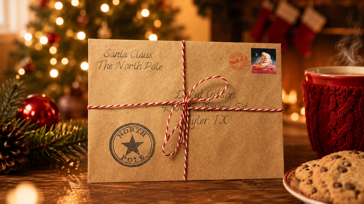 A brown kraft paper Christmas letter envelope tied with red-and-white striped twine, placed on a wooden table with holiday decorations, a blurred Christmas tree, stockings, a red mug, and cookies in the background.