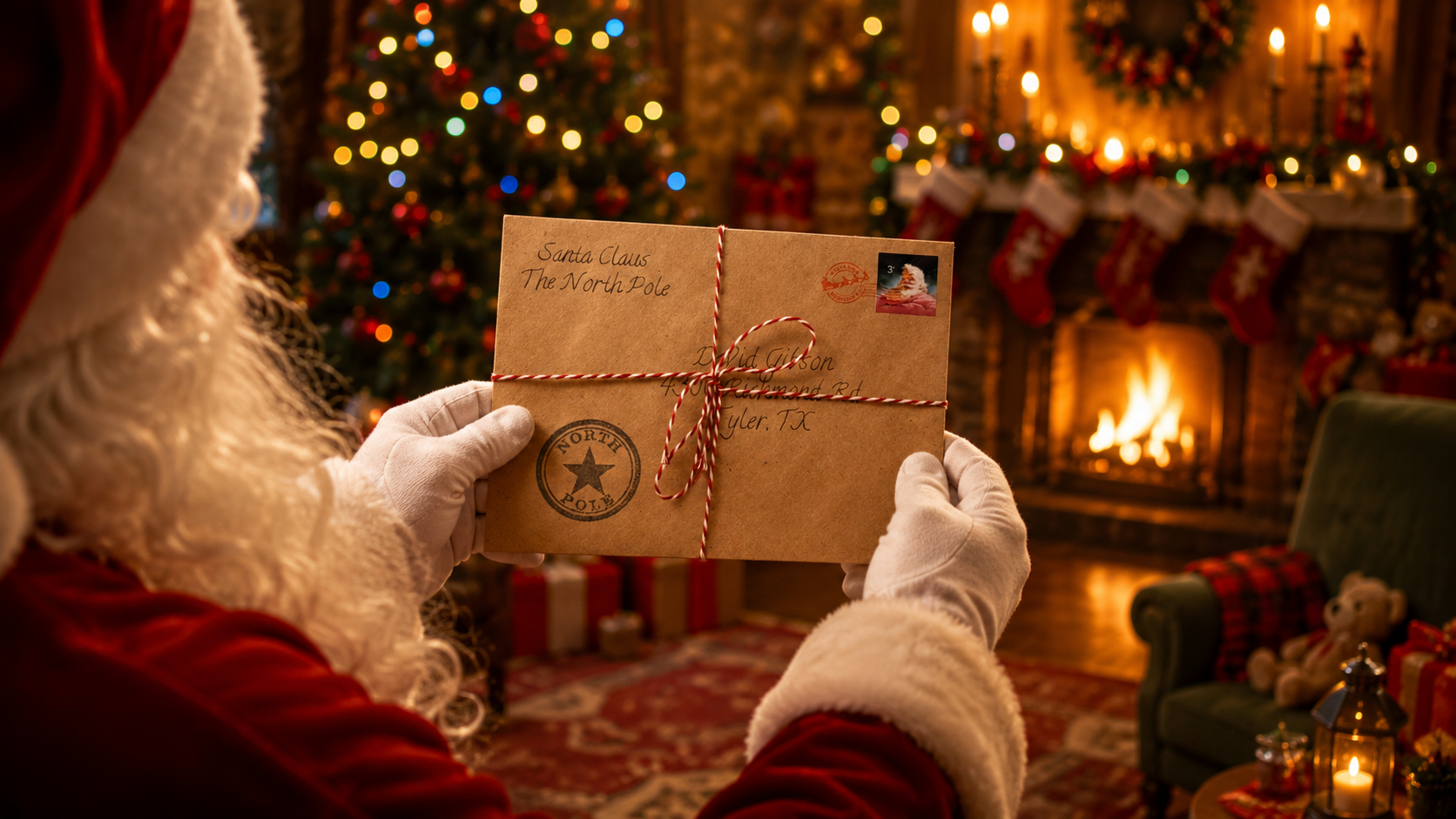A person in a Santa hat and white gloves holds a vintage-style Christmas letter envelope tied with red string in a warm, festive living room with a fireplace, stockings, and a decorated tree in the background.