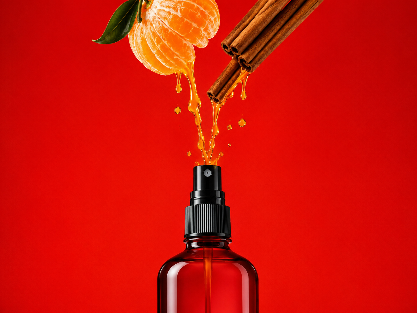 A clear amber spray bottle with a black pump, shown against a vivid red background. Orange juice is depicted splashing into the nozzle from a sliced orange with a green leaf and cinnamon sticks above it.
